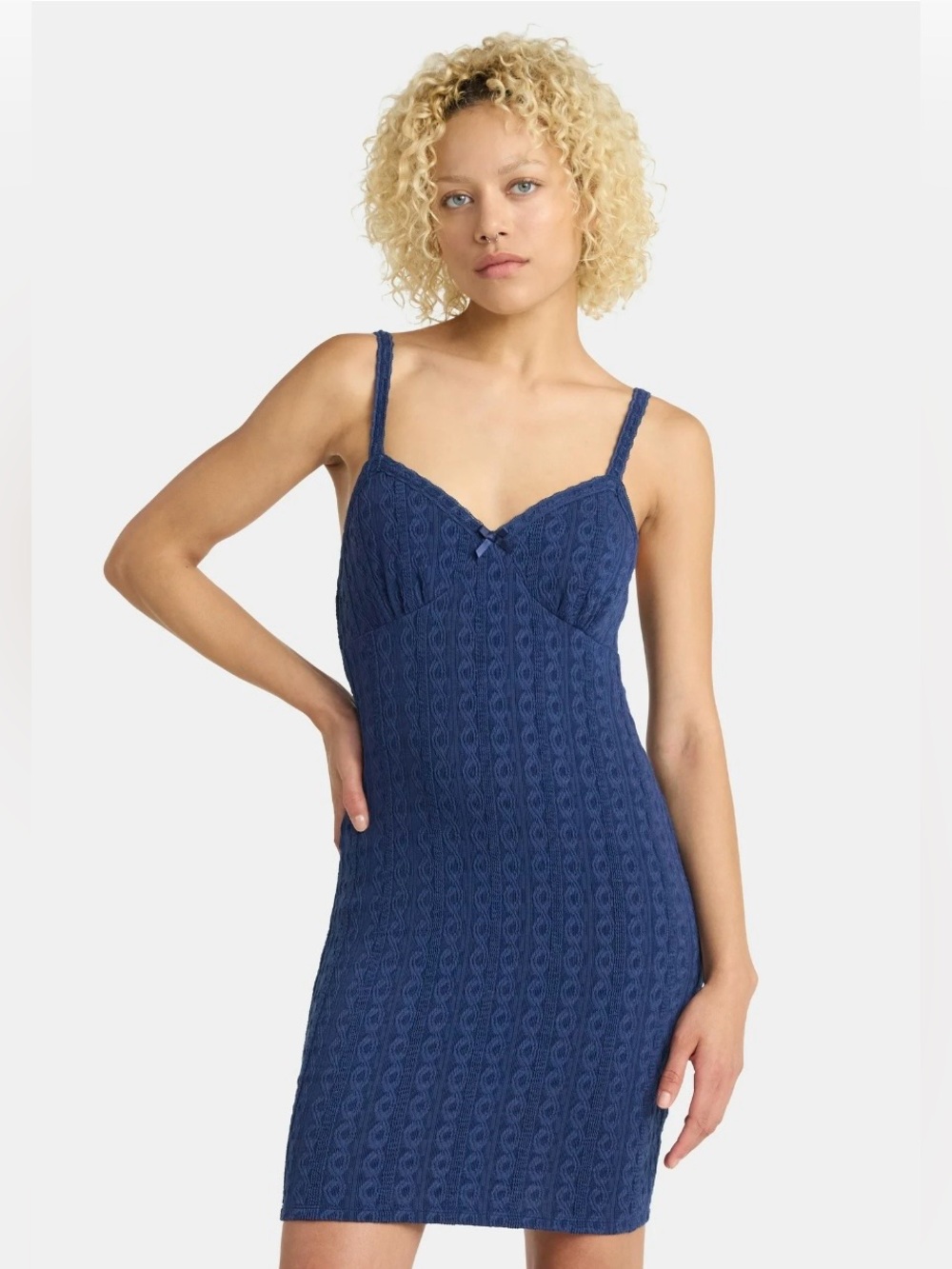 No Boundaries Indigo Blue Cable Knit Lace Trim/Sweetheart Neckline Mini Dress
